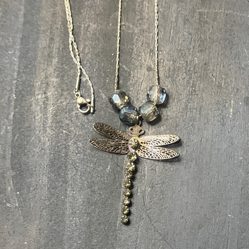 Elegant Brass-Toned Dragonfly Pendant Necklace with Beaded Accents